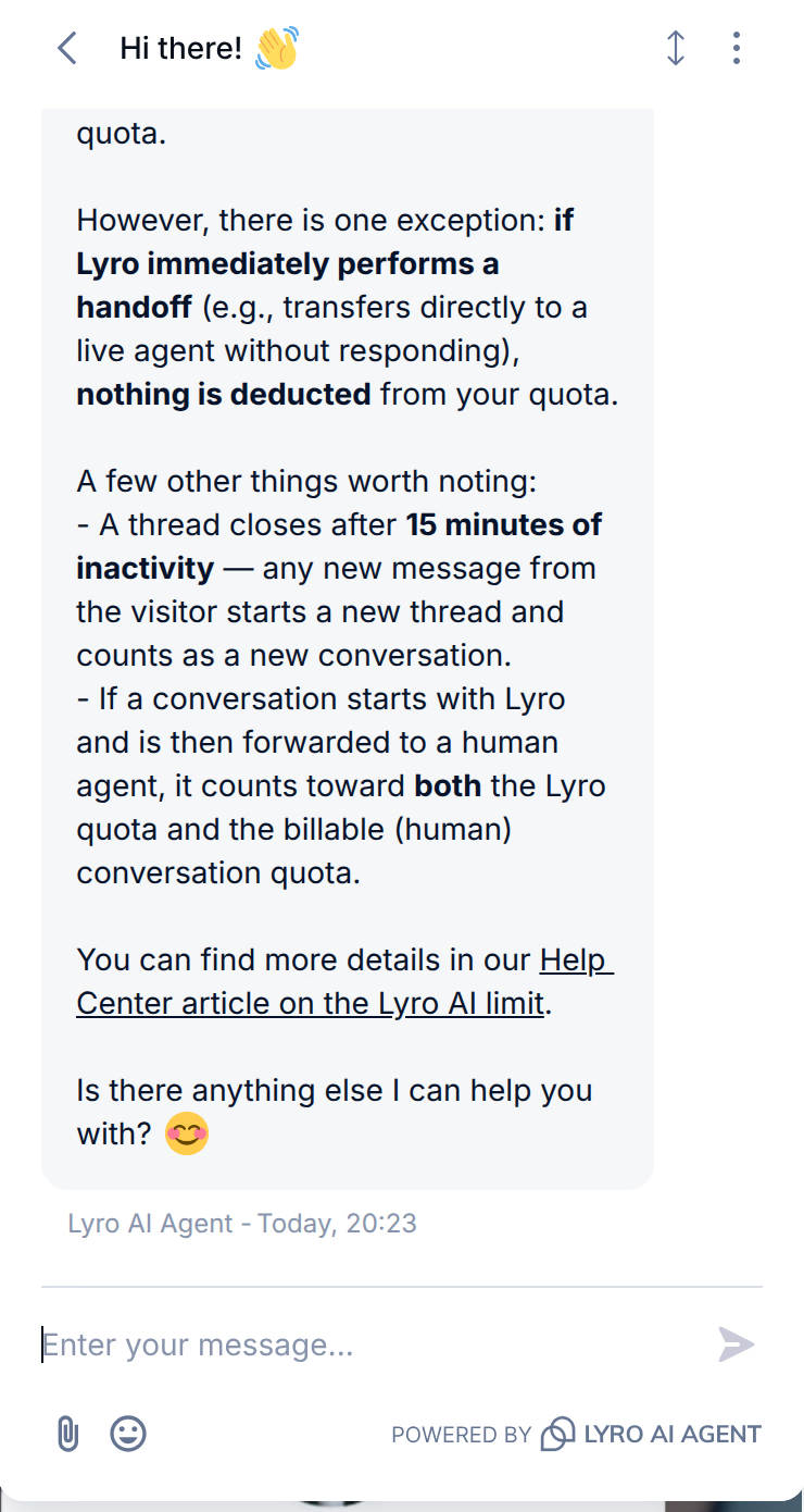 Lyro explaining that a conversation counts toward the quota when Lyro engages, that an immediate handoff without responding deducts nothing, and that a thread closes after fifteen minutes of inactivity.