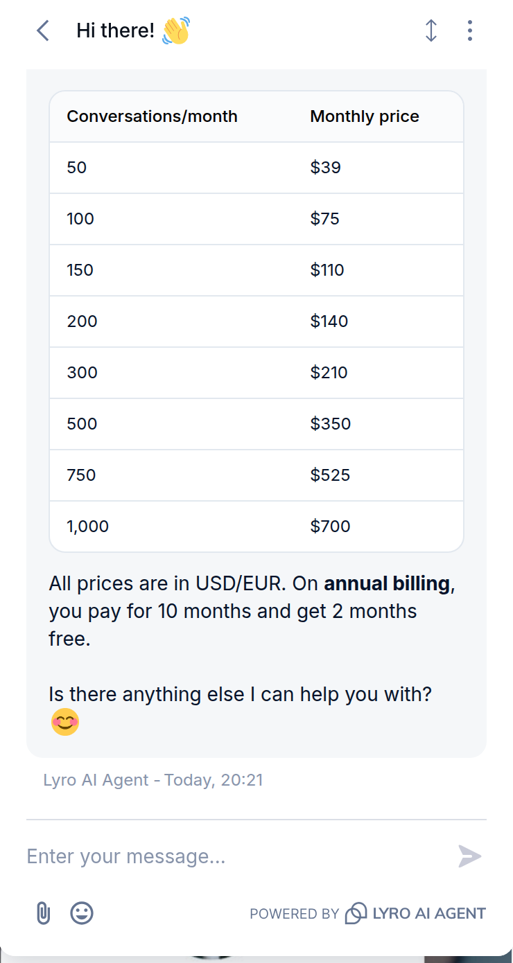 Tidio's Lyro AI agent in the chat widget on tidio.com, answering a question about cost with a table of monthly Lyro conversation volumes against monthly prices, from 50 conversations at $39 up to 1,000 at $700.